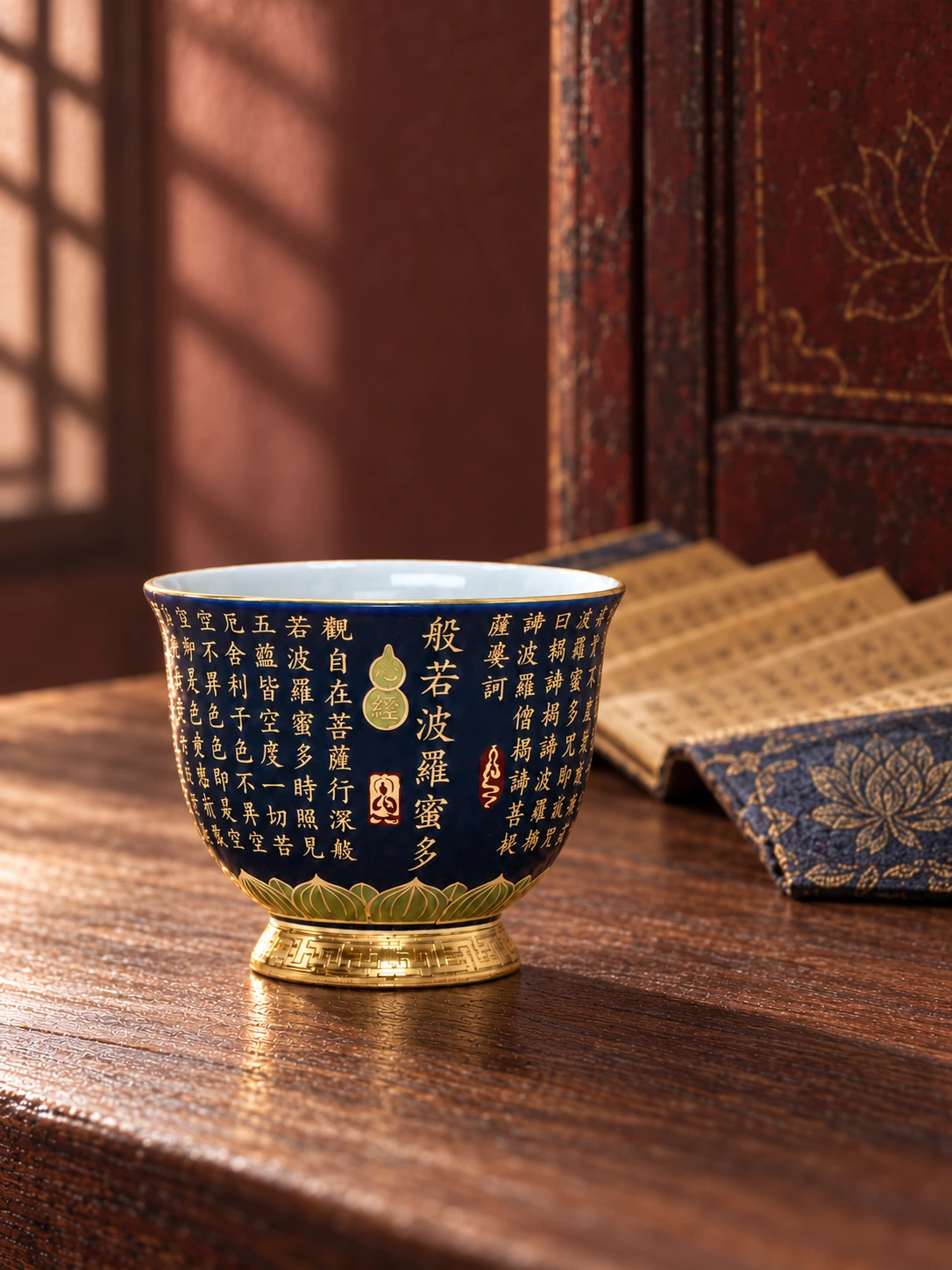 Blue Heart Sutra cup beside an open indigo sutra book, with lattice-window light on an aged cinnabar panel