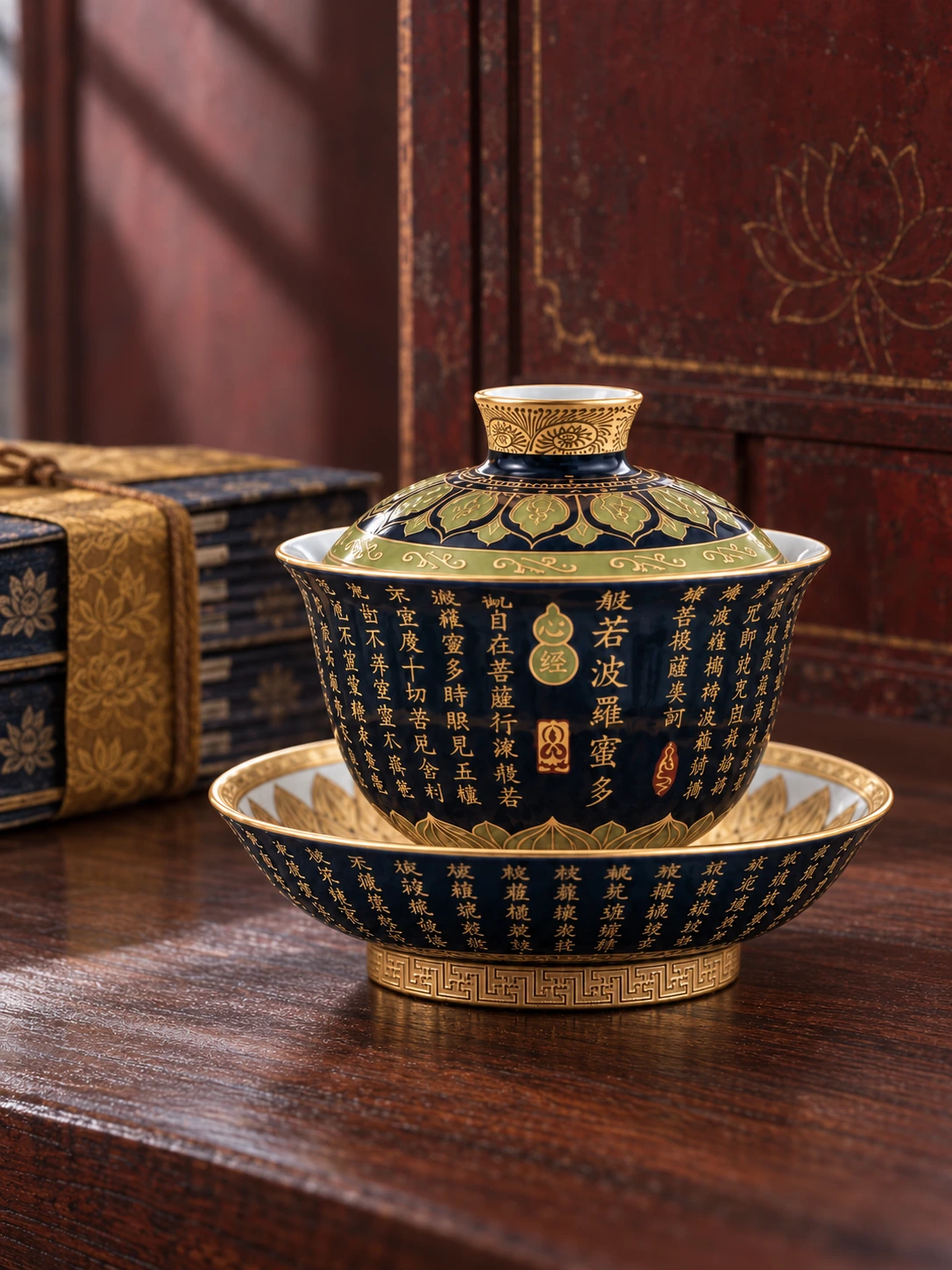 Blue Heart Sutra gaiwan on an old wooden table beside indigo sutra books and an aged cinnabar lotus panel