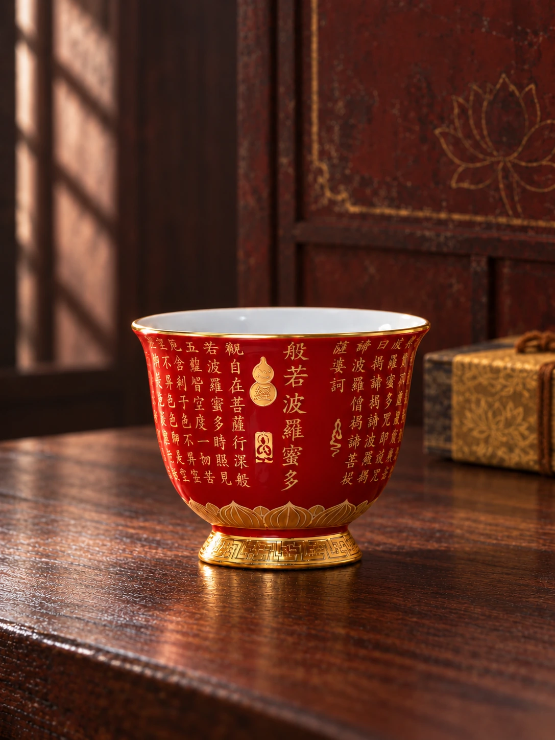 Vermilion Heart Sutra cup on dark wood with an ochre silk box and a cinnabar lotus panel