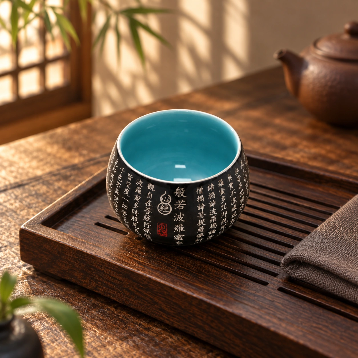 Rounded black Heart Sutra cup in a quiet tea setting