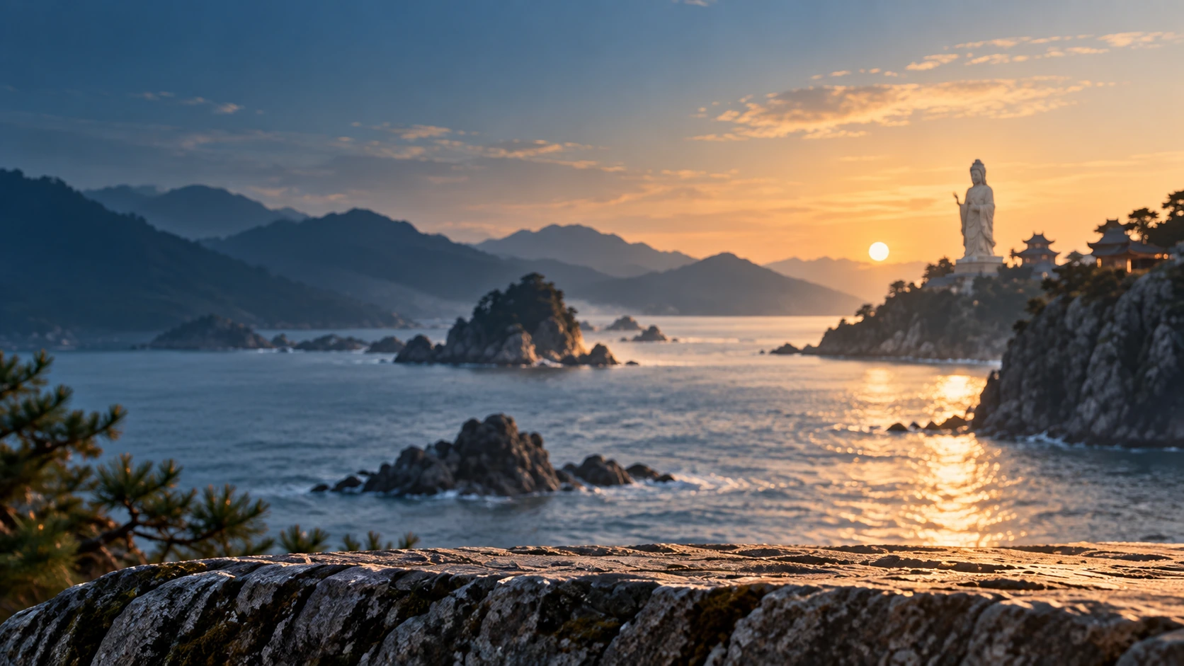 An artistic coastal scene inspired by Mount Putuo, with distant Guanyin imagery in the evening light