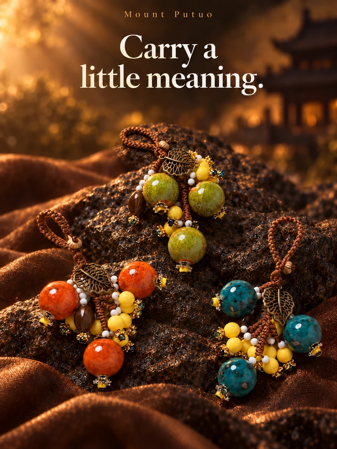 Ceramic Pomegranate Bag Charm — styled campaign scene; see original photos for product details