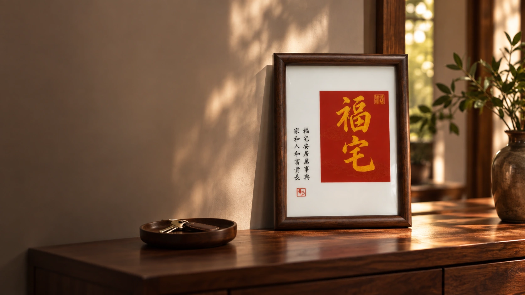 Framed Fu Zhai inscription on a wooden entrance console