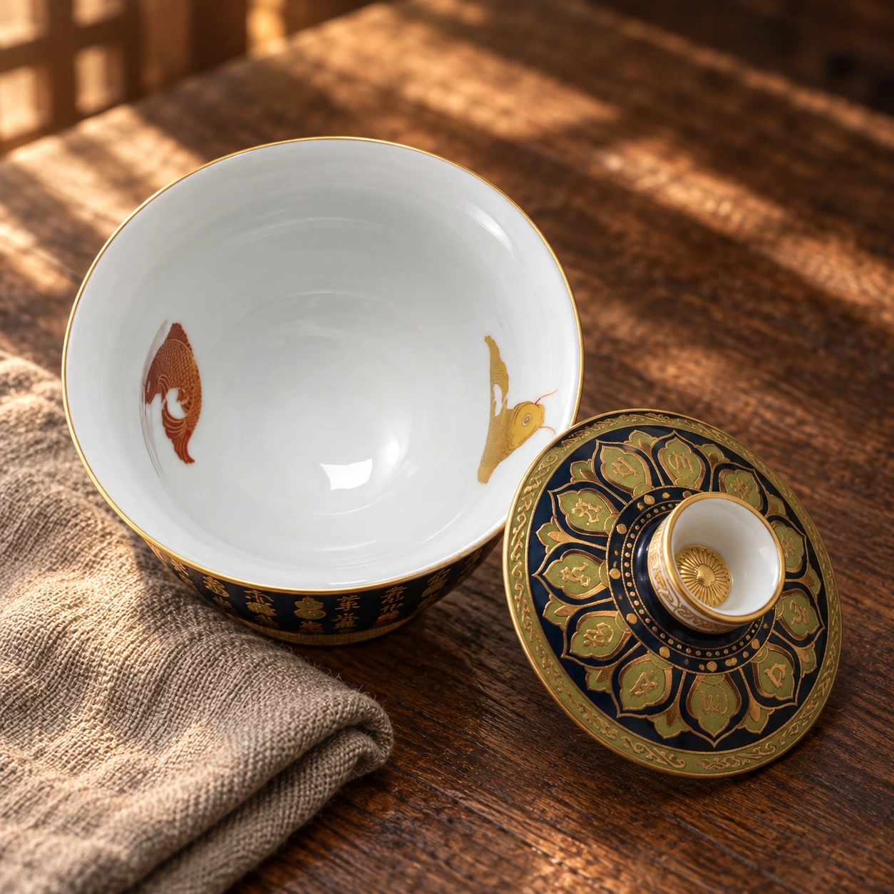 Lotus decoration and the inside of the blue Heart Sutra gaiwan