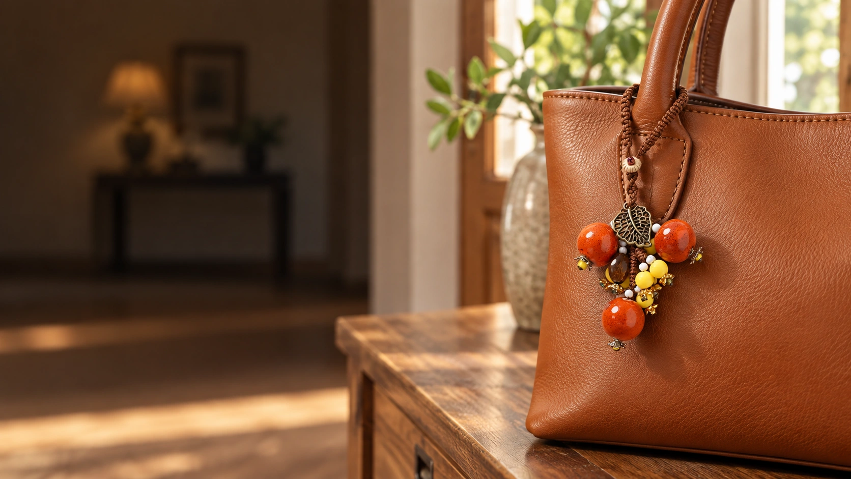 Orange ceramic pomegranate charm on a leather bag