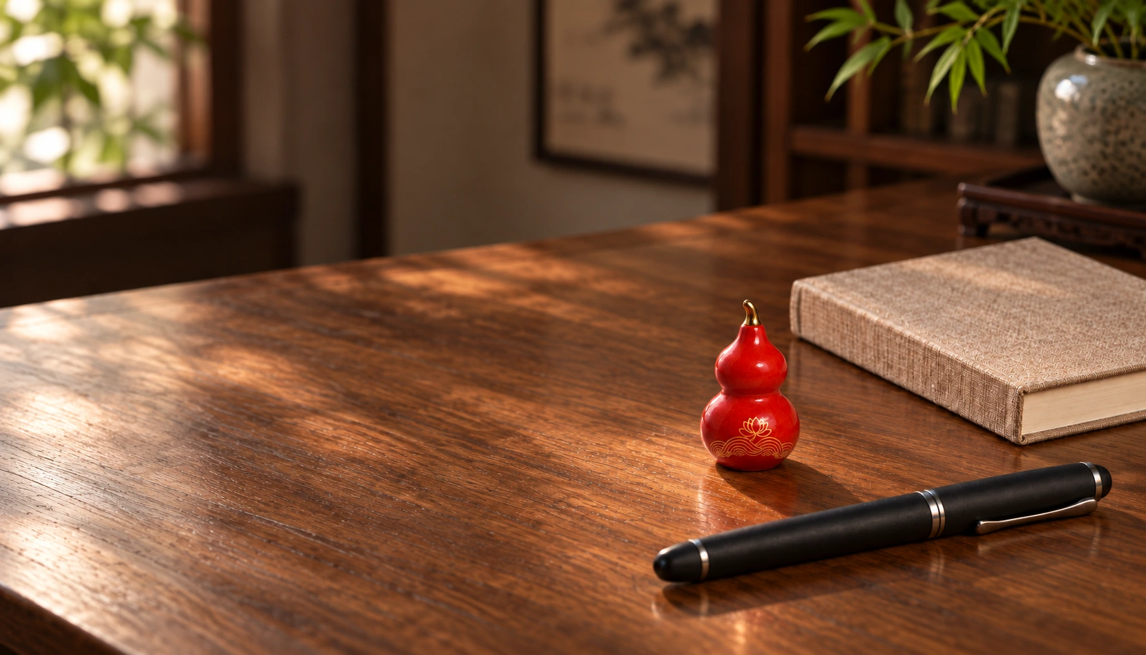 Small red ceramic gourd beside a book and pen